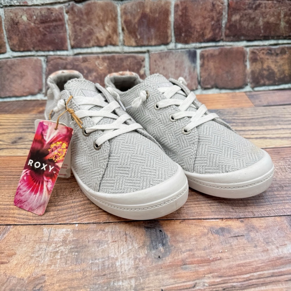Roxy Bayshore Plus Shoes Women Sz 10 Gray White Lace Up Comfort Sneakers READ